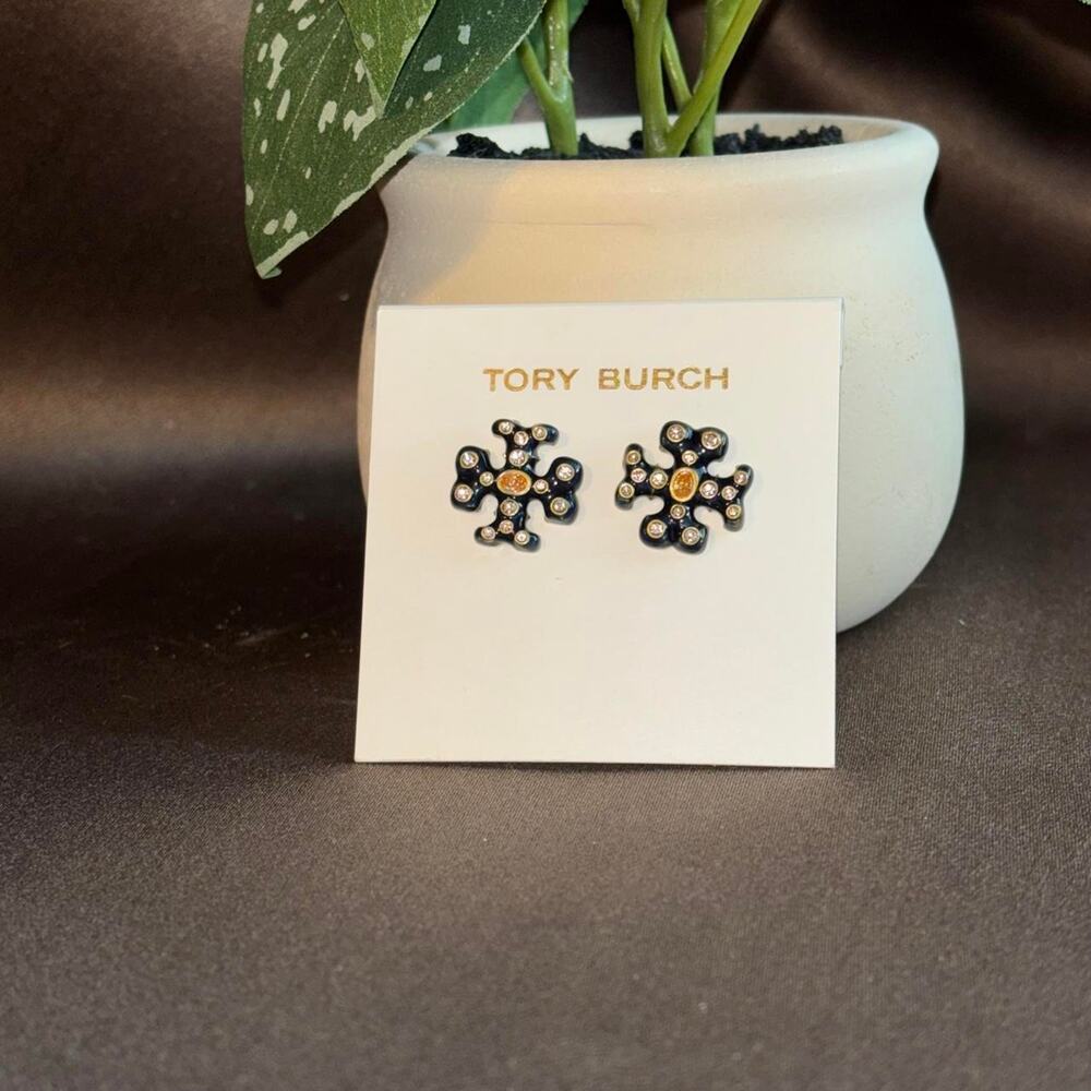 NWOT Tory Burch Navy and Gold Crystal Flower Stud Earrings